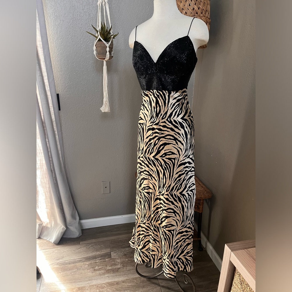 Jovani Spaghetti Strap Beaded 100% Silk Animal Print Maxi Dress